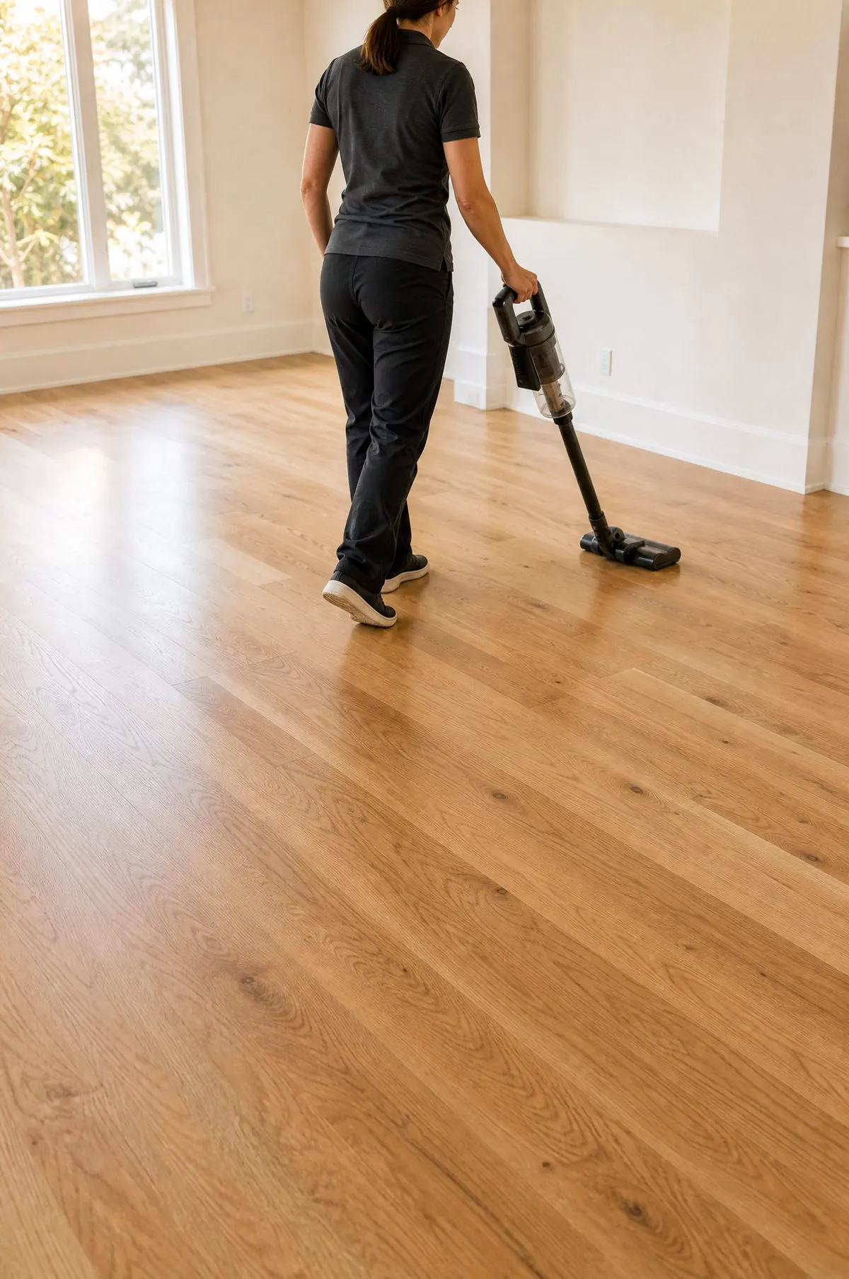 Professional vacuuming a newly installed wood floor.